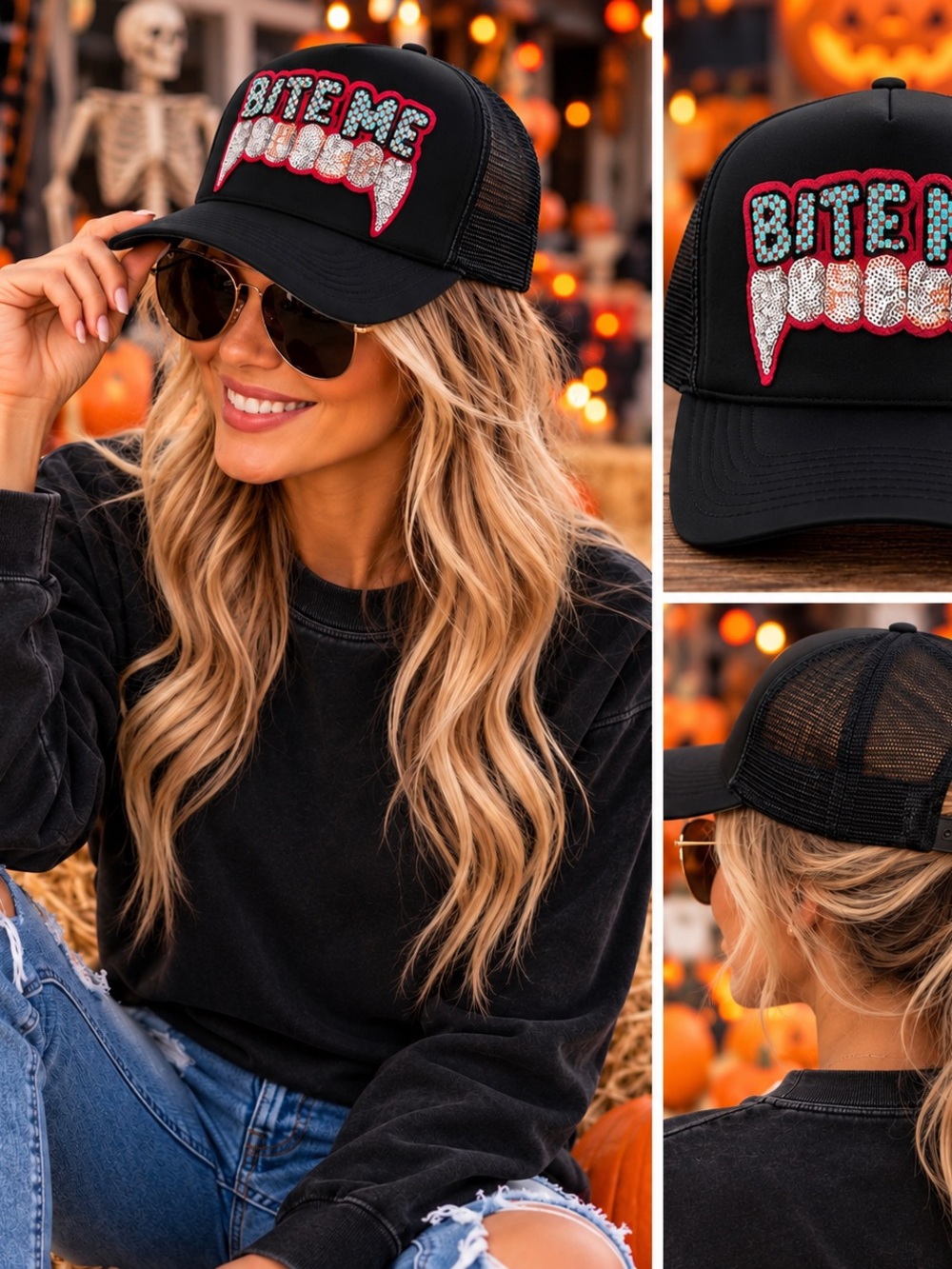 Bite Me Vampire Fang Sequin Black Trucker Hat Halloween OSFM